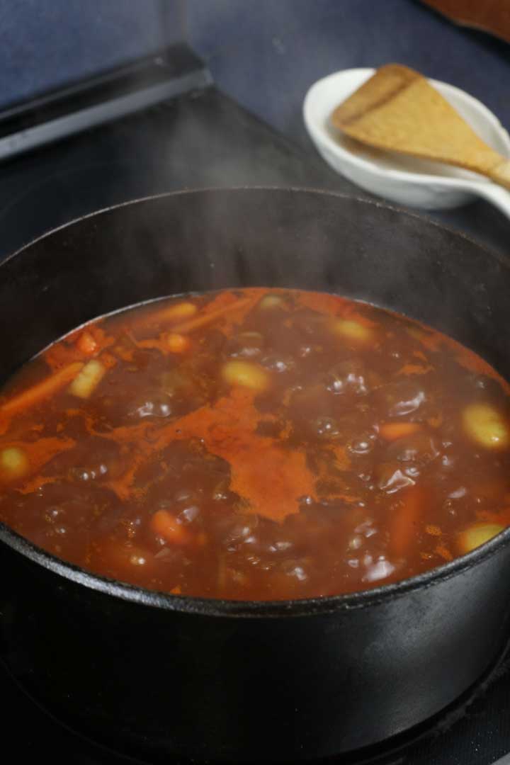 Simmering beef stew.