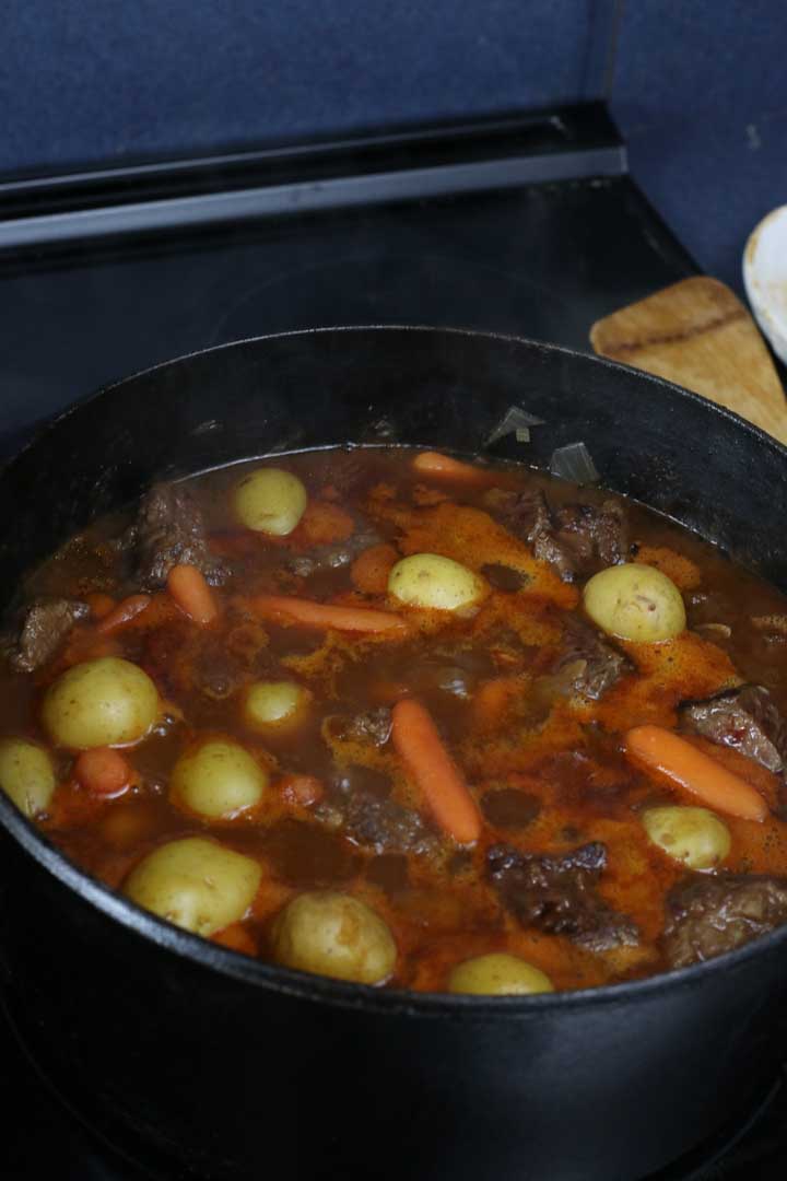 Completed beef stew recipe on stove