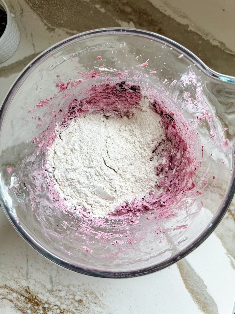 flour, baking soda, baking powder and salt added to wet ingredients 