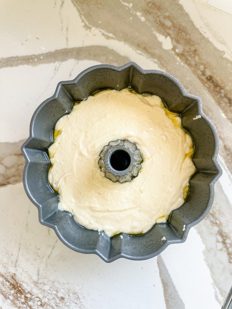 batter added to the cake pan